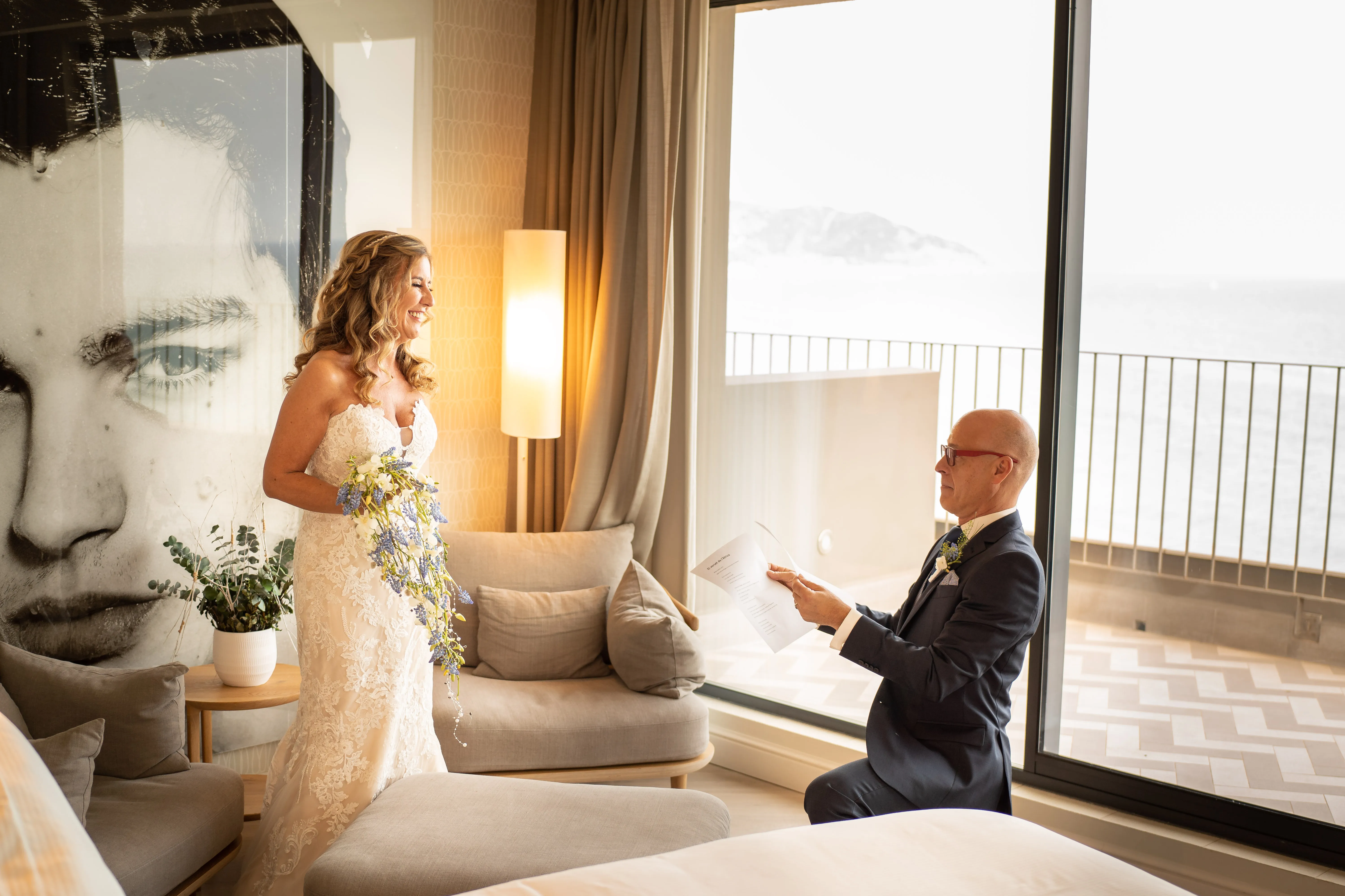 A couple on their wedding day, photographed in warm afternoon light